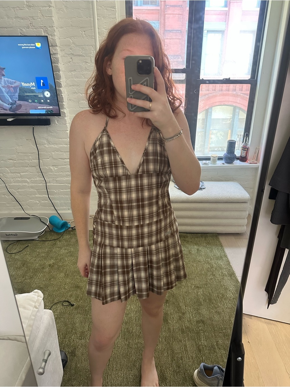 House of Sunny Brown Plaid Halter Mini Dress